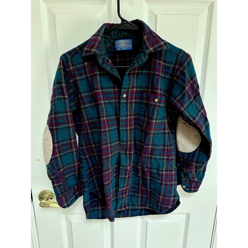Vintage Pendleton Wool Plaid Button-Front Shirt with Suede Elbow Patches